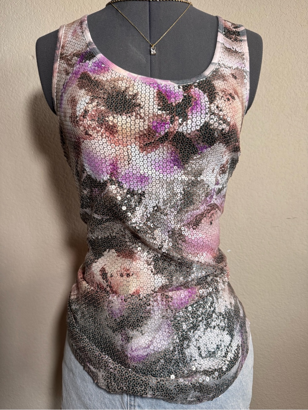 Y2K Sequin Floral Grey Punk Pink Purple Tank Top S